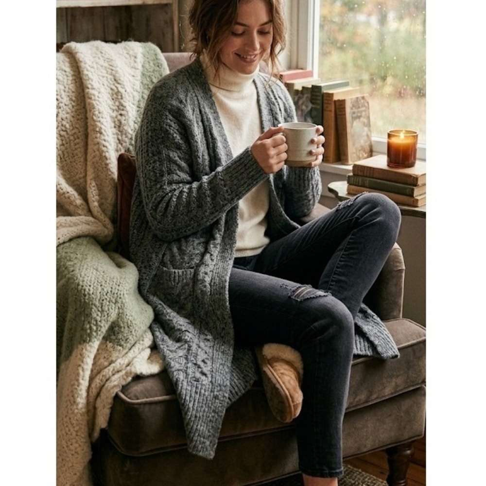 Twik Simons Womens Grey Cable Knit Longline Open Front Cardigan Sweater